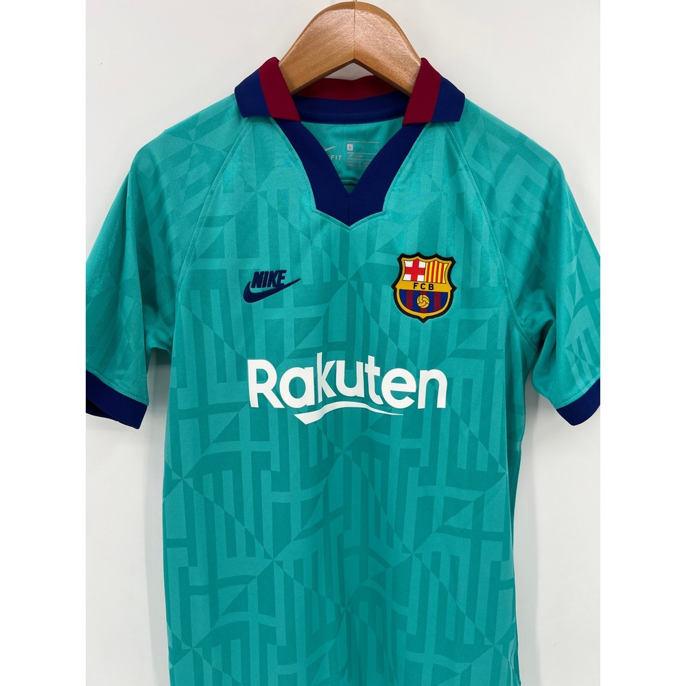 Nike Kids L FC Barcelona 19/20 Teal Jacquard Retro Collar Soccer Jersey - Picture 8 of 9